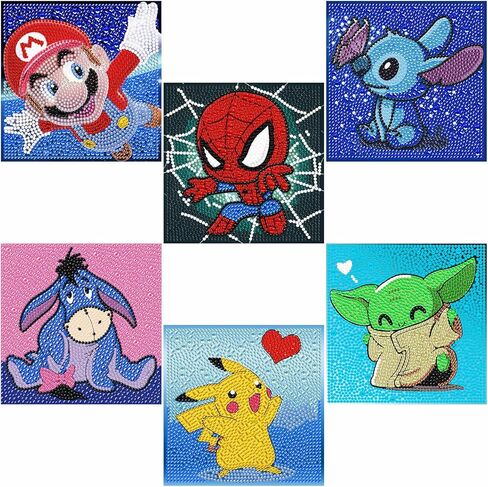LWZAYS 6 Pack 5D Cartoon Diamond Painting Kits for Kids Beginners, Diamond Art Kit for Kids Ages 8-12, Mosaic DIY Full Round Drill Big Gem Art for Kid, Home Wall Decoration 6X6 inch in Kuwait
