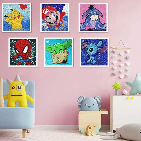 LWZAYS 6 Pack 5D Cartoon Diamond Painting Kits for Kids Beginners, Diamond Art Kit for Kids Ages 8-12, Mosaic DIY Full Round Drill Big Gem Art for Kid, Home Wall Decoration 6X6 inch in Kuwait