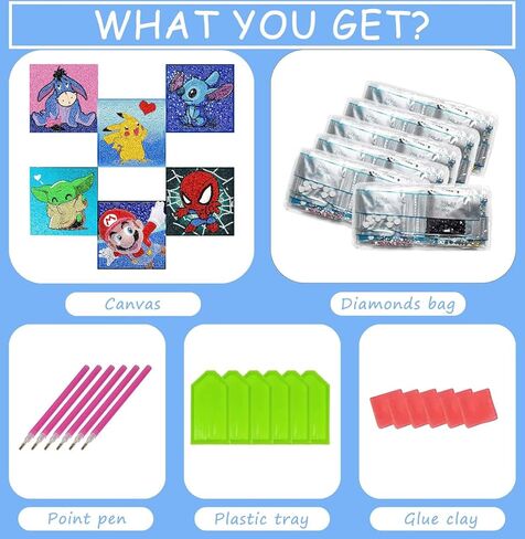 LWZAYS 6 Pack 5D Cartoon Diamond Painting Kits for Kids Beginners, Diamond Art Kit for Kids Ages 8-12, Mosaic DIY Full Round Drill Big Gem Art for Kid, Home Wall Decoration 6X6 inch in Kuwait