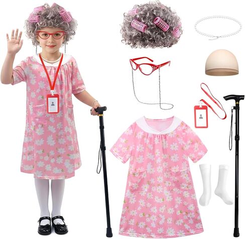 Old Lady Costume for Kids with Wig and Accessories Grandma Outfit 100 Days of School Costume for Girls in Saudi Arabia