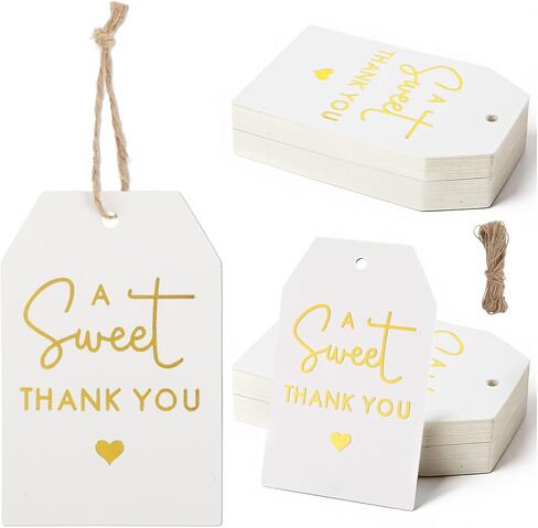 50Pcs Sweet Thank You Tags with String, Gold Foil Gift Tags Thank You Tag for Party Favors, 3x2 in White Paper Gift Tag for Christmas Wedding, Baby Shower, Birthday, Anniversary, Gifts Wrap in Saudi Arabia