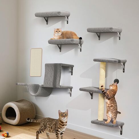 Cat Wall Shelves for Large Cats, Stable & Safe Kitty Walls Furniture Set for 40LBS Cats with Wooden Cat Climber,House, Bridge, Tree, Steps, and Scratcher for 16 Inch Drywall (Black, 6-in-1) in Saudi Arabia