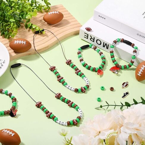 Kavoc Football Beads Necklace Crafts Kit Football Letter Beads Green Brown Pony Beads Sports-Themed Pendants Cords for Jewelry Necklace Bracelet Making DIY Crafts Decor in Saudi Arabia