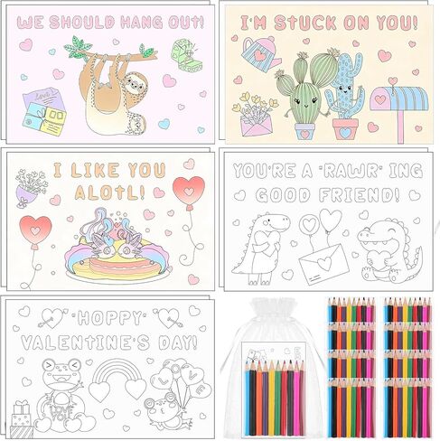 25Sets Valentine's Day Coloring Page for Kids Color Your Own Cards Bulk DIY Valentines Activity Coloring Book Craft Kit School Valentines Day Gifts with Coloring Pencils and Bag Party Favors Classroom in Kuwait