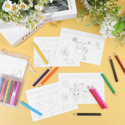 25Sets Valentine's Day Coloring Page for Kids Color Your Own Cards Bulk DIY Valentines Activity Coloring Book Craft Kit School Valentines Day Gifts with Coloring Pencils and Bag Party Favors Classroom in Kuwait