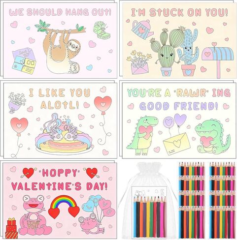 25Sets Valentine's Day Coloring Page for Kids Color Your Own Cards Bulk DIY Valentines Activity Coloring Book Craft Kit School Valentines Day Gifts with Coloring Pencils and Bag Party Favors Classroom in Kuwait
