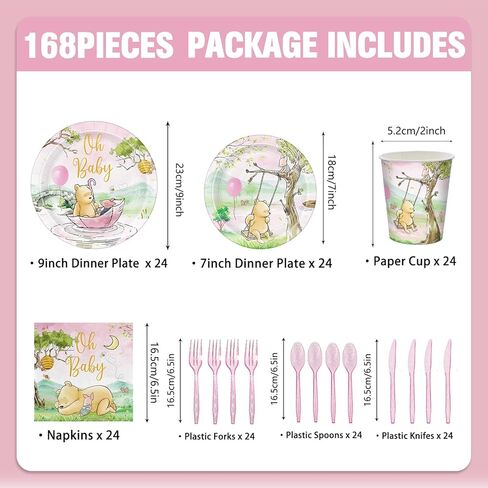 168pcs Classic Winnie Bear Baby Shower Paper Plates Napkin Party Supplies Girl Baby Shower Decorations Disposable Cutlery Tableware Set Serve 24 Guests in Saudi Arabia