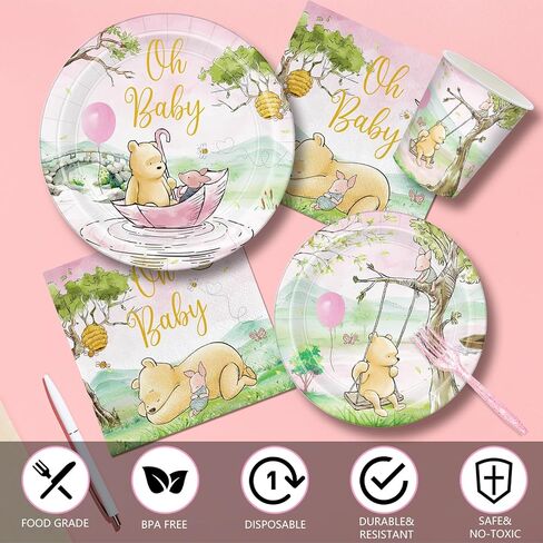 168pcs Classic Winnie Bear Baby Shower Paper Plates Napkin Party Supplies Girl Baby Shower Decorations Disposable Cutlery Tableware Set Serve 24 Guests in Saudi Arabia