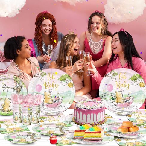168pcs Classic Winnie Bear Baby Shower Paper Plates Napkin Party Supplies Girl Baby Shower Decorations Disposable Cutlery Tableware Set Serve 24 Guests in Saudi Arabia
