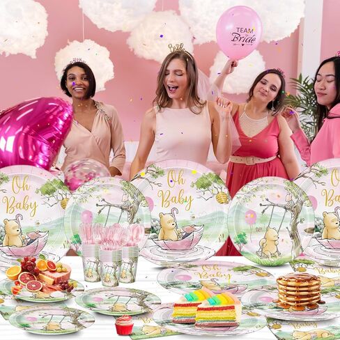 168pcs Classic Winnie Bear Baby Shower Paper Plates Napkin Party Supplies Girl Baby Shower Decorations Disposable Cutlery Tableware Set Serve 24 Guests in Saudi Arabia