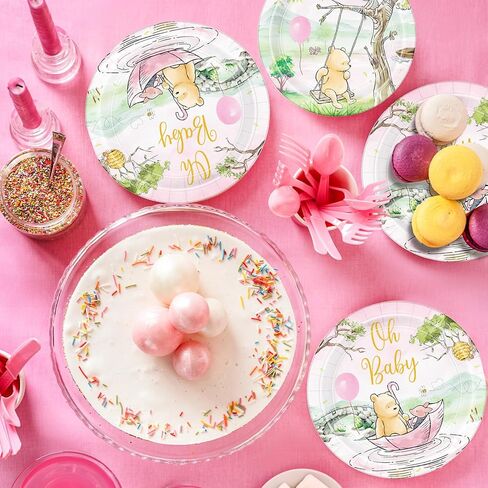 168pcs Classic Winnie Bear Baby Shower Paper Plates Napkin Party Supplies Girl Baby Shower Decorations Disposable Cutlery Tableware Set Serve 24 Guests in Saudi Arabia
