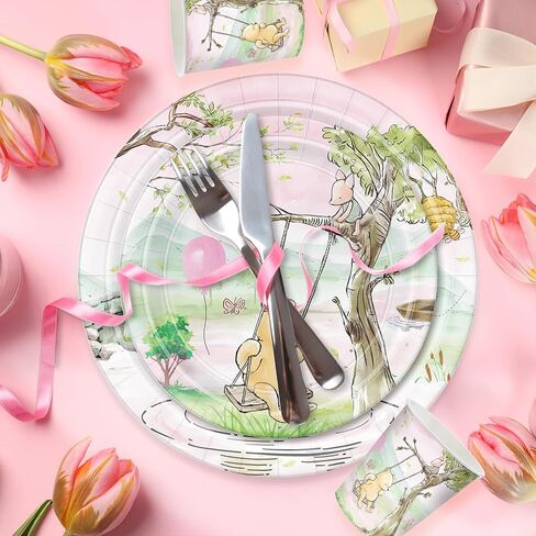 168pcs Classic Winnie Bear Baby Shower Paper Plates Napkin Party Supplies Girl Baby Shower Decorations Disposable Cutlery Tableware Set Serve 24 Guests in Saudi Arabia