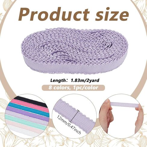 BENECREAT 8Pcs 16Yards Nylon Elastic Lace Trim Ribbons, 0.5inch Wide Braid Lace Trim, Flower Edge Elastic Stretch for Wedding Costume Curtain DIY Crafts and Home Decoration in Saudi Arabia