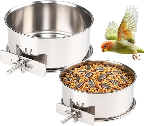 2 حزمة من الفولاذ المقاوم للصدأ وعاء طعام الطيور الصغيرة أكواب طبق تغذية الطيور لقفص وعاء طعام الببغاء مع حامل المشبك للببغاوات والكوكاتيل والحيوانات الصغيرة (M + L) in Kuwait