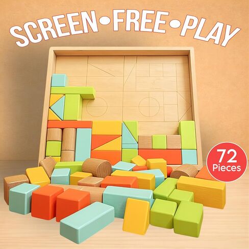 مجموعة مكعبات بناء من الخشب الطبيعي، 72 قطعة من ألوان الباستيل مكعبات بناء قلعة مع صينية تخزين، ألعاب تعليمية للعلوم والتكنولوجيا والهندسة والرياضيات للأطفال، نظام لعب معماري إبداعي وخالي من الشاشة in Kuwait