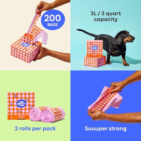 أكياس نفايات الحيوانات الأليفة المعاد تدويرها بنسبة 100% من Who Gives a Crap، عدد 200، سعة 3 لتر / 3 كوارت، مصممة للمساعدة في مقاومة التسربات والتمزقات، وأكياس فضلات الكلاب الصغيرة والكبيرة، وأكياس قمامة مستدامة غير معطرة للكلاب in Kuwait