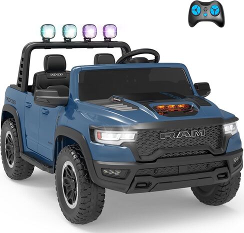 شاحنة ركوب مرخصة RAM 1500 بمقعدين، سيارة كهربائية 24 فولت مع قضيب لف وكشافات، جهاز تحكم عن بعد، نظام تعليق لجميع التضاريس (أسود) in Kuwait