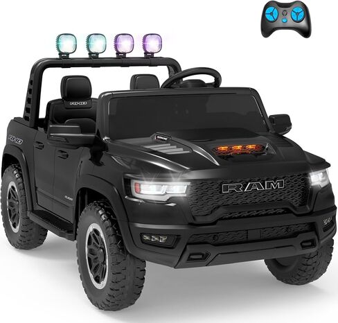 شاحنة ركوب مرخصة RAM 1500 بمقعدين، سيارة كهربائية 24 فولت مع قضيب لف وكشافات، جهاز تحكم عن بعد، نظام تعليق لجميع التضاريس (أسود) in Kuwait