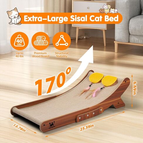 Sisal Cat Scratcher Bed, Natural Solid Wood Scratch Lounger, No Mess Scratching Chair Couch for Indoor Cats, 26 Inch Cat Scartching Pad, 3 in 1 Scratching Board, Furniture Protector in Saudi Arabia