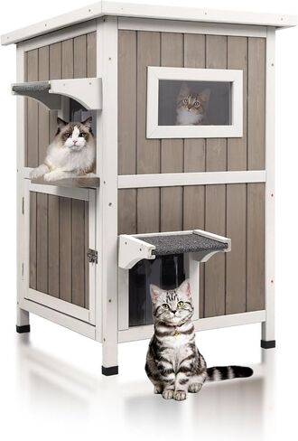 Outdoor Cat House Weatherproof, Two Story Wooden Feral Cat House Shelter with 3 Escape Door, Outside Cat Condo for Small Animals with Openable Asphalt Roof, Grey in Saudi Arabia