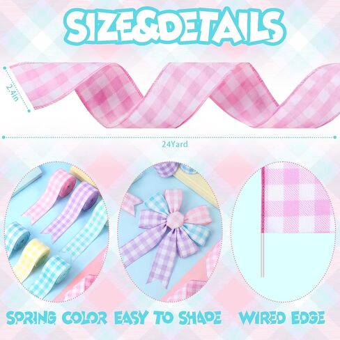 6 Rolls Pastel Plaids Wired Edge Ribbons, 24 Yards 2.5 in Easter Pastel Color Buffalo Plaids Patterns Gift Wrapping Ribbon for Easter DIY Crafts Bow Wreath Spring Party Decorations in Saudi Arabia