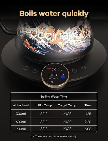 غلاية كهربائية Cocinare FLOW M900 Gooseneck، ± 0.5 درجة فهرنهايت للتحكم الدقيق في درجة الحرارة لصب القهوة والشاي، الجزء الداخلي من الفولاذ المقاوم للصدأ، تسخين سريع للمياه المغلية، 1500 وات/0.9 لتر (موجة) in Kuwait