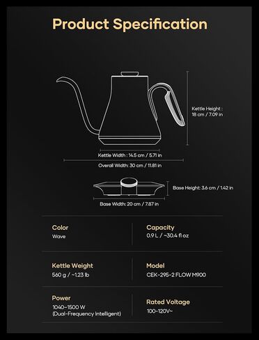غلاية كهربائية Cocinare FLOW M900 Gooseneck، ± 0.5 درجة فهرنهايت للتحكم الدقيق في درجة الحرارة لصب القهوة والشاي، الجزء الداخلي من الفولاذ المقاوم للصدأ، تسخين سريع للمياه المغلية، 1500 وات/0.9 لتر (موجة) in Kuwait