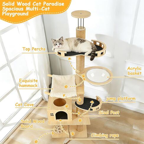 شجرة قطط من الأرض إلى السقف، برج قطط طويل القامة من 6 طبقات بارتفاع قابل للتعديل (81-122 بوصة)، برج شجرة قطط حديث للقطط الداخلية مع عمود خدش، كبسولة شفافة وأرجوحة مريحة، خشب in Kuwait