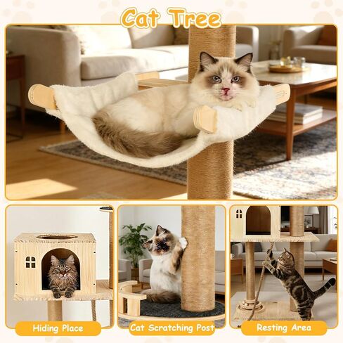 شجرة قطط من الأرض إلى السقف، برج قطط طويل القامة من 6 طبقات بارتفاع قابل للتعديل (81-122 بوصة)، برج شجرة قطط حديث للقطط الداخلية مع عمود خدش، كبسولة شفافة وأرجوحة مريحة، خشب in Kuwait