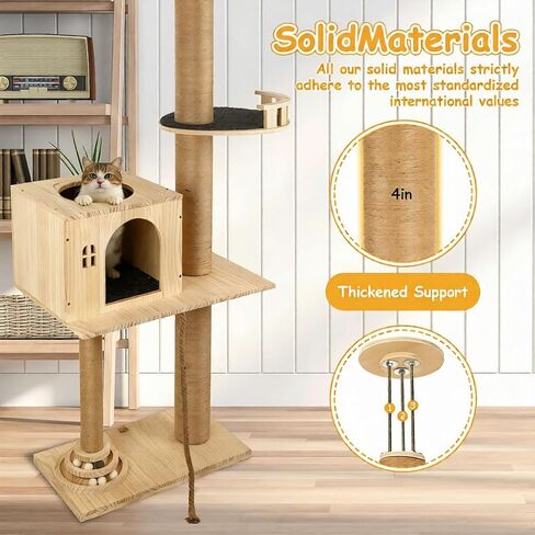 شجرة قطط من الأرض إلى السقف، برج قطط طويل القامة من 6 طبقات بارتفاع قابل للتعديل (81-122 بوصة)، برج شجرة قطط حديث للقطط الداخلية مع عمود خدش، كبسولة شفافة وأرجوحة مريحة، خشب in Kuwait
