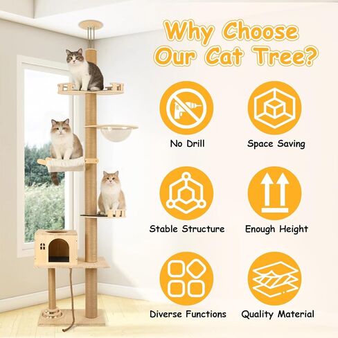 شجرة قطط من الأرض إلى السقف، برج قطط طويل القامة من 6 طبقات بارتفاع قابل للتعديل (81-122 بوصة)، برج شجرة قطط حديث للقطط الداخلية مع عمود خدش، كبسولة شفافة وأرجوحة مريحة، خشب in Kuwait