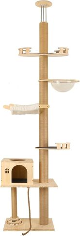 شجرة قطط من الأرض إلى السقف، برج قطط طويل القامة من 6 طبقات بارتفاع قابل للتعديل (81-122 بوصة)، برج شجرة قطط حديث للقطط الداخلية مع عمود خدش، كبسولة شفافة وأرجوحة مريحة، خشب in Kuwait