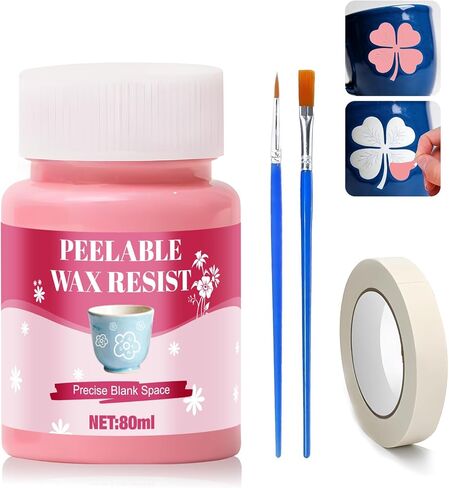 مقاومة الشمع للفخار مع شريط لاصق وفرش الطلاء، أنماط التتبع على الفخار مع مقاومة الشمع، سائل قناع طلاء الطين الخزفي القابل للنزع يستخدم لرسم الأنماط بنفسك، وردي، 80 مل in Kuwait