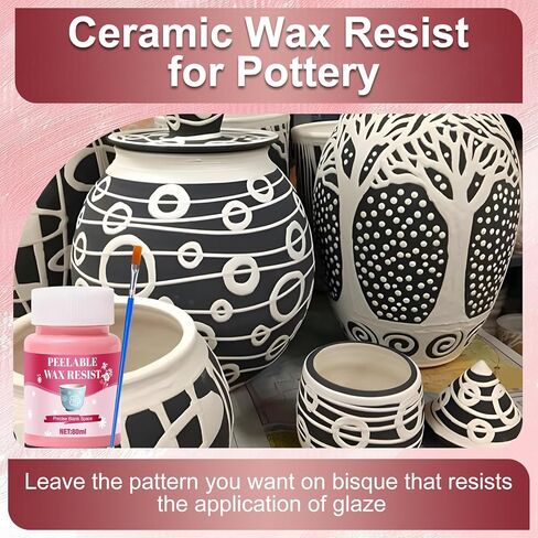 مقاومة الشمع للفخار مع شريط لاصق وفرش الطلاء، أنماط التتبع على الفخار مع مقاومة الشمع، سائل قناع طلاء الطين الخزفي القابل للنزع يستخدم لرسم الأنماط بنفسك، وردي، 80 مل in Kuwait
