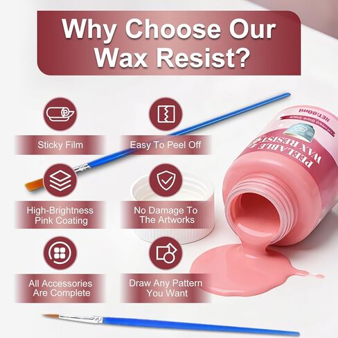مقاومة الشمع للفخار مع شريط لاصق وفرش الطلاء، أنماط التتبع على الفخار مع مقاومة الشمع، سائل قناع طلاء الطين الخزفي القابل للنزع يستخدم لرسم الأنماط بنفسك، وردي، 80 مل in Kuwait