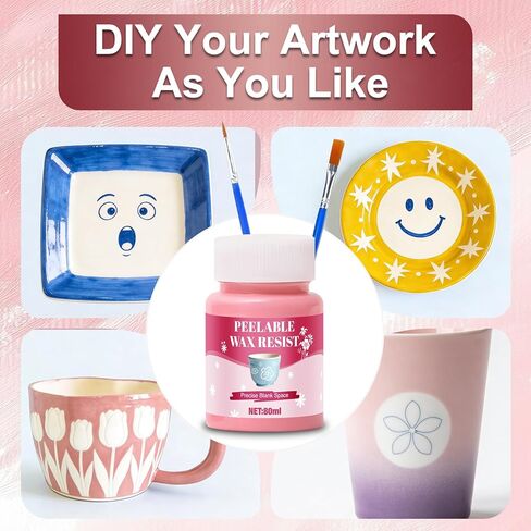 مقاومة الشمع للفخار مع شريط لاصق وفرش الطلاء، أنماط التتبع على الفخار مع مقاومة الشمع، سائل قناع طلاء الطين الخزفي القابل للنزع يستخدم لرسم الأنماط بنفسك، وردي، 80 مل in Kuwait