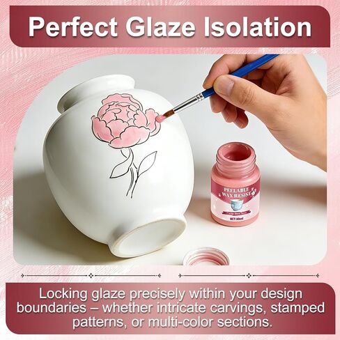 مقاومة الشمع للفخار مع شريط لاصق وفرش الطلاء، أنماط التتبع على الفخار مع مقاومة الشمع، سائل قناع طلاء الطين الخزفي القابل للنزع يستخدم لرسم الأنماط بنفسك، وردي، 80 مل in Kuwait