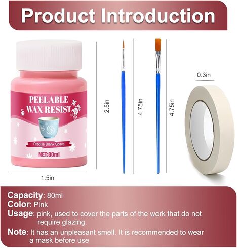 مقاومة الشمع للفخار مع شريط لاصق وفرش الطلاء، أنماط التتبع على الفخار مع مقاومة الشمع، سائل قناع طلاء الطين الخزفي القابل للنزع يستخدم لرسم الأنماط بنفسك، وردي، 80 مل in Kuwait