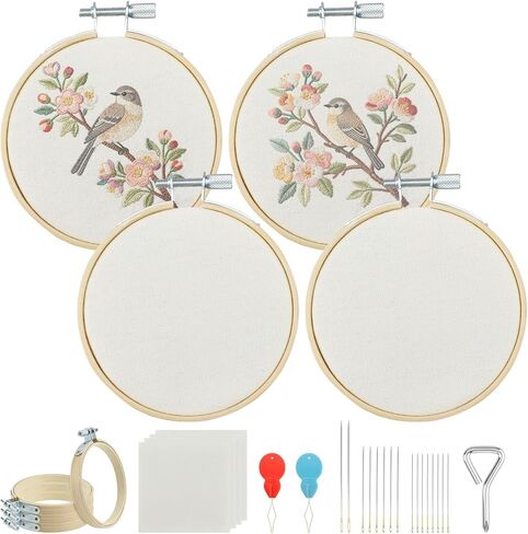 MARRTEUM 4Pcs 3 Inch Embroidery Hoop Set, Comes with Metal Screw + 2 Threader + 4 Fabrics + 16 Multi Size Needles for All Stitching Techniques, Solve Fabric Slippage, Threading Hassles, Saves Time in Saudi Arabia