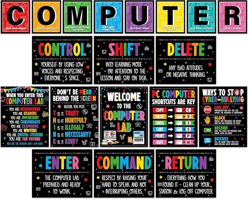 19pcs Computer Lab Poster Computer Science Posters Classroom Rules Decorations Inspirational Technology Digital Keyboard Shortcuts Education Chart PC Decor Wall Art Back to School Teacher Supplies in Saudi Arabia