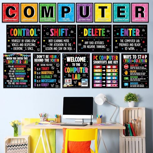19pcs Computer Lab Poster Computer Science Posters Classroom Rules Decorations Inspirational Technology Digital Keyboard Shortcuts Education Chart PC Decor Wall Art Back to School Teacher Supplies in Saudi Arabia