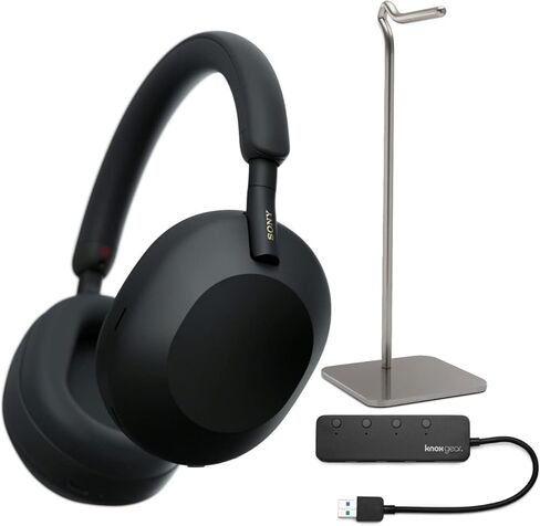 Sony WH-1000XM5 Wireless Noise Canceling Over-Ear Headphones (Silver) with Knox Gear 4-Port USB 3.0 Hub and Alloy Headphone Stand Bundle (3 Items) in Kuwait