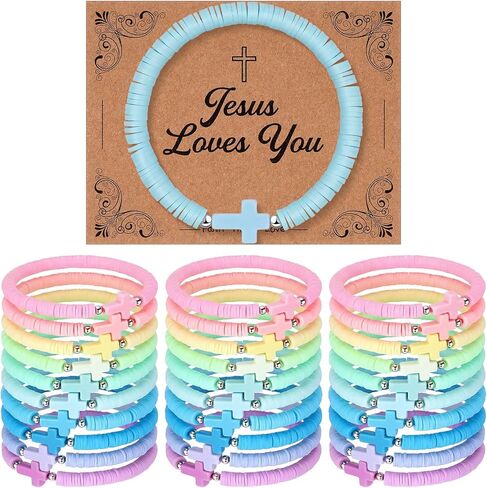 Landical 30 Set Cross Bracelets Bulk Jesus Christian Bracelets with Blessing Card Handmade Elastic Colorful Polymer Clay Beaded Religious Christian Wristbands for Women Kids Easter Hunt Gift in Saudi Arabia
