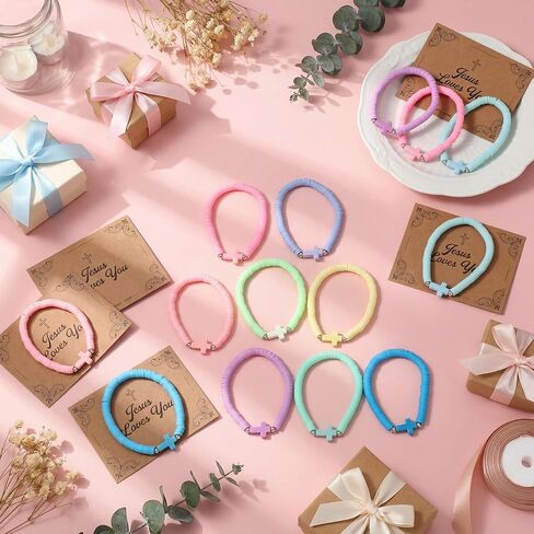 Landical 30 Set Cross Bracelets Bulk Jesus Christian Bracelets with Blessing Card Handmade Elastic Colorful Polymer Clay Beaded Religious Christian Wristbands for Women Kids Easter Hunt Gift in Saudi Arabia