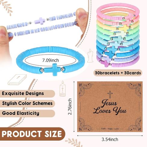 Landical 30 Set Cross Bracelets Bulk Jesus Christian Bracelets with Blessing Card Handmade Elastic Colorful Polymer Clay Beaded Religious Christian Wristbands for Women Kids Easter Hunt Gift in Saudi Arabia