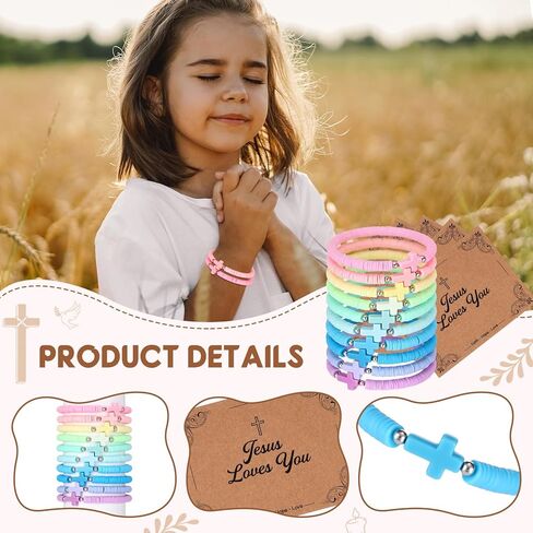 Landical 30 Set Cross Bracelets Bulk Jesus Christian Bracelets with Blessing Card Handmade Elastic Colorful Polymer Clay Beaded Religious Christian Wristbands for Women Kids Easter Hunt Gift in Saudi Arabia