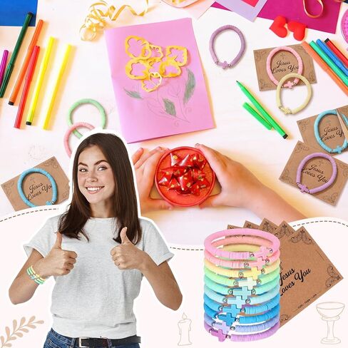 Landical 30 Set Cross Bracelets Bulk Jesus Christian Bracelets with Blessing Card Handmade Elastic Colorful Polymer Clay Beaded Religious Christian Wristbands for Women Kids Easter Hunt Gift in Saudi Arabia