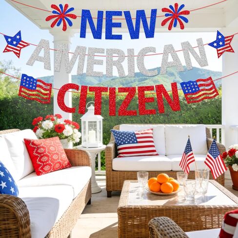 لافتة مواطن أمريكي جديد - ديكورات حفلات المواطنين الأمريكيين، لافتة تهنئة للمواطنة الأمريكية لحفل التجنس، ديكور خلفية صورة وطنية باللون الأحمر والأبيض والأزرق مع خطوط نجوم in Kuwait