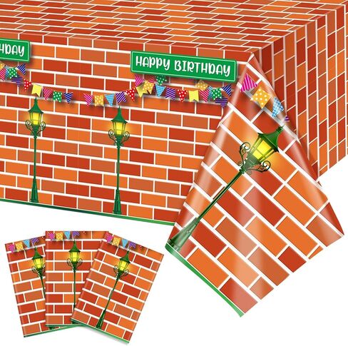 Funrous Red Brick Wall Street Party Decorations Cartoon Street Birthday Plastic Tablecloth 54 x 108 Inch Disposable Waterproof Rectangle Table Cover for Cartoon Friends Themed Birthday Party Supplies in Saudi Arabia