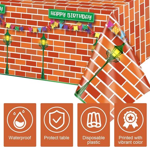 Funrous Red Brick Wall Street Party Decorations Cartoon Street Birthday Plastic Tablecloth 54 x 108 Inch Disposable Waterproof Rectangle Table Cover for Cartoon Friends Themed Birthday Party Supplies in Saudi Arabia